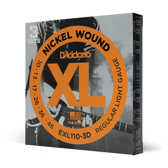 Три комплекта струни за eлектрическа китара D'Addario EXL110-3D .010-.046 Regular light
