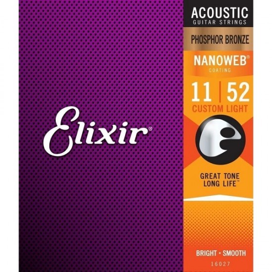 Струни за акустична китара 16027 NANOWEB Phosphor Bronze Custom Light 11-52 by ELIXIR 