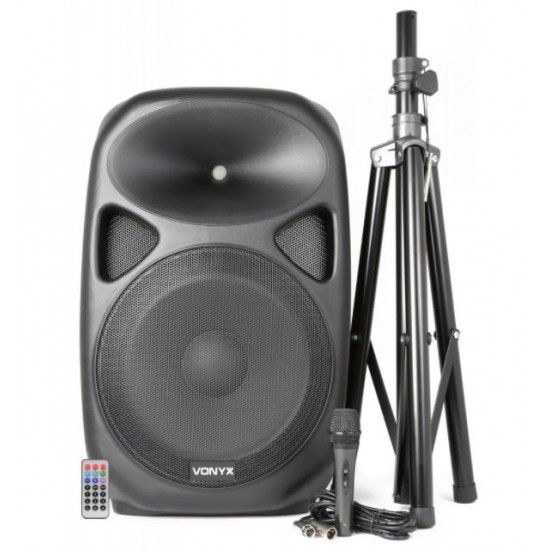 SPS152 Активна тонколона 15" комплект със стойка, динамичен вокален кабелен микрофон, дистанционно SD/USB/MP3/BT от MusicShop